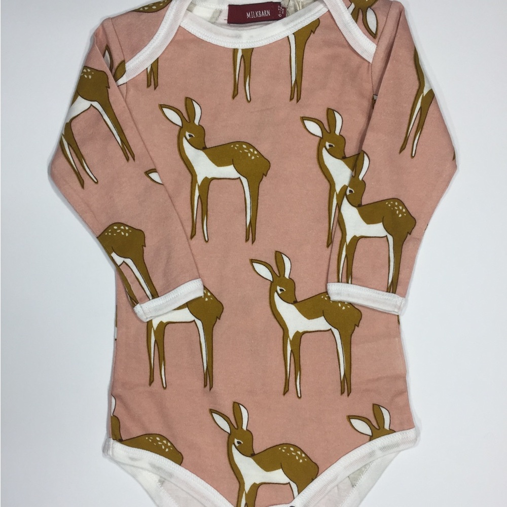 New with tags baby one piece long sleeve. All over print, Doe Deer design.